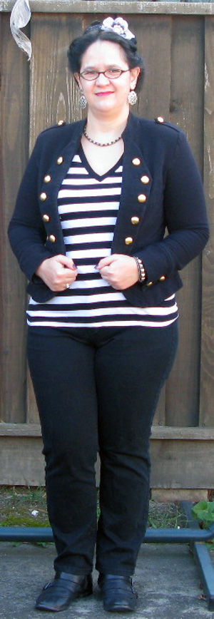 Black knit militarystyle jacket Macy's Black white stripe Tshirt 