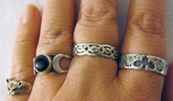 Left to right Cat ring onyx crescent moon ring Celtic knot ring Celtic 